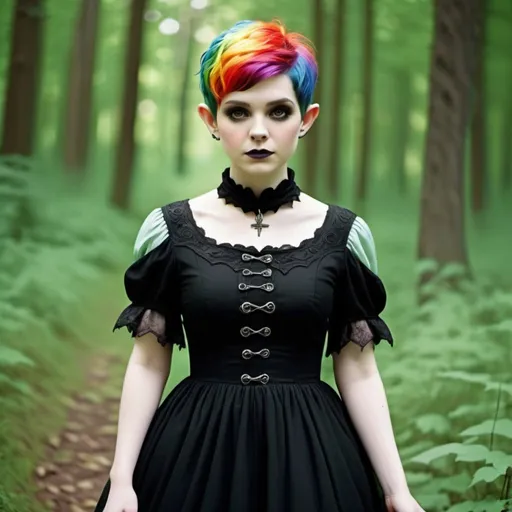 Prompt: {((chubby female)(wood elf))(short (rainbow colored (pixie-cut) hair))(pale skin)}(black (gothic (witch dress)))