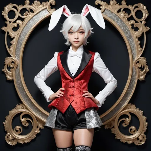 Prompt: {(cute)(japanese (bunny-girl)(silver-white hair)(hetrochromia)} {(red (cutaway (bolero (tailcoat))))(black (brocade (vest)))(silver (lame (short shorts))) } in the style of Alphonse Mucha