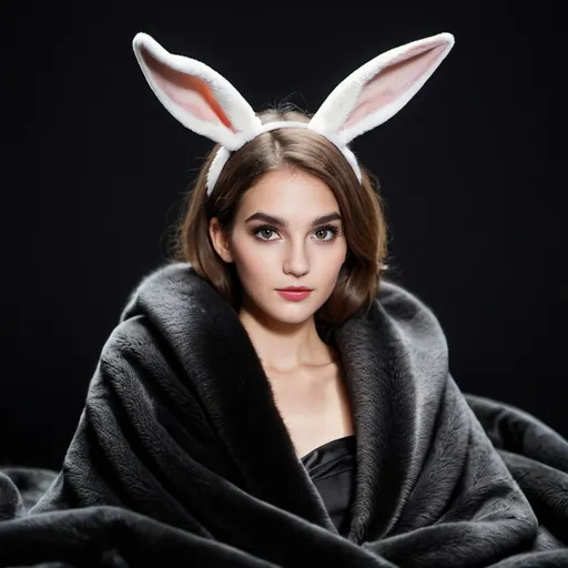 Prompt: {(woman)(cute)(young)(hourglass figure){(rabbit ears) and (antlers)}} posing alluringly behind a  (black (fur  blanket))