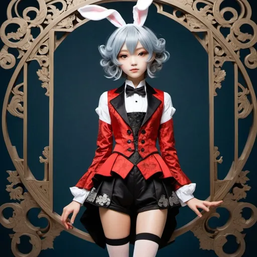 Prompt: {(cute)(japanese (bunny-girl)(blue-gray hair)(hetrochromia)} {(red (cutaway (bolero (tailcoat))))(black (brocade (vest)))(silver (lame (short shorts))) } in the style of Alphonse Mucha