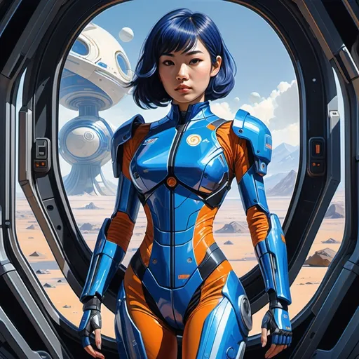 Prompt: {oil painting by Syd Mead}{{Inside a space habitat}  {{(short (cobalt blue hair:0.99)) (page boy cut (with bangs))} (muscular (hourglass figure)) (bluish gray eyes:0.9)(thin (arched (eyebrows)))}. {one woman} {pretty}{thirty years old} {muscular} {(Zhao Lusi) (Kikuchi Rinko) (Nguyen Tran Huyen My) (Seo Ji-Hye)}{athletic hourglass figure}{(sleek)(high tech)(power armor)}