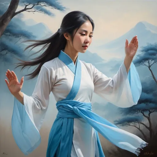 Prompt: {oil painting}{fantasy art}{slender Asian woman}{ombre dyed ao dai (white)(pastel blue)}{holding a white scarf} doing tai chi