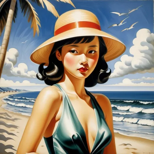 Prompt: art by Tamara de Lempicka {one woman}{cute}{(zhao lusi) (kikuchi rinko) (Nguyen Tran Huyen My) (Veronica Pome’e)} in a swimsuit on the beach