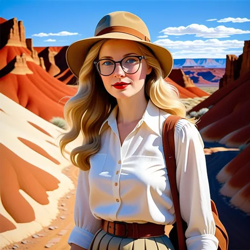 Prompt: {Art by Maxfield Parrish} {(woman) {(bluish gray eyes) (round face) (red lipstick) (cat's eye (glasses))} (long (wavy (blondish-brown (hair))} {(white (linen (blouse)))(khaki (walking (skirt)))(pith helmet)(brown (hiking (boots)))}{(Painted Desert (arizona))} 