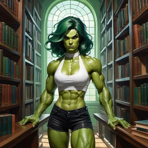 Prompt: {happy}{pale green skin}{dark green hair}{(Tall) (strong) (heavily muscled) {hulk woman}} {hourglass figure} {(white (halter top))}{(black (spandex shorts))}{in a library}{oil painting}{fantasy art}