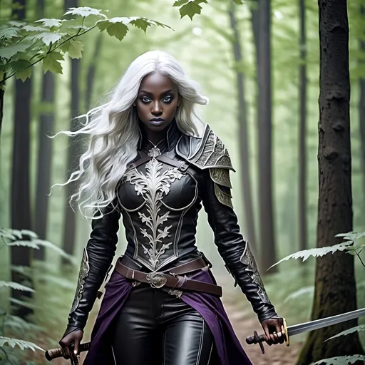 Prompt: {(dark elf woman) {(((coal black)) (skin))} (violet eyes) {(long (wavy (hair))) (white hair) (silver highlights)}  {((leather armor) with (leather trousers))(sword belt)}}{carrying a (parasol made of (leaves)) in one hand} in the forest