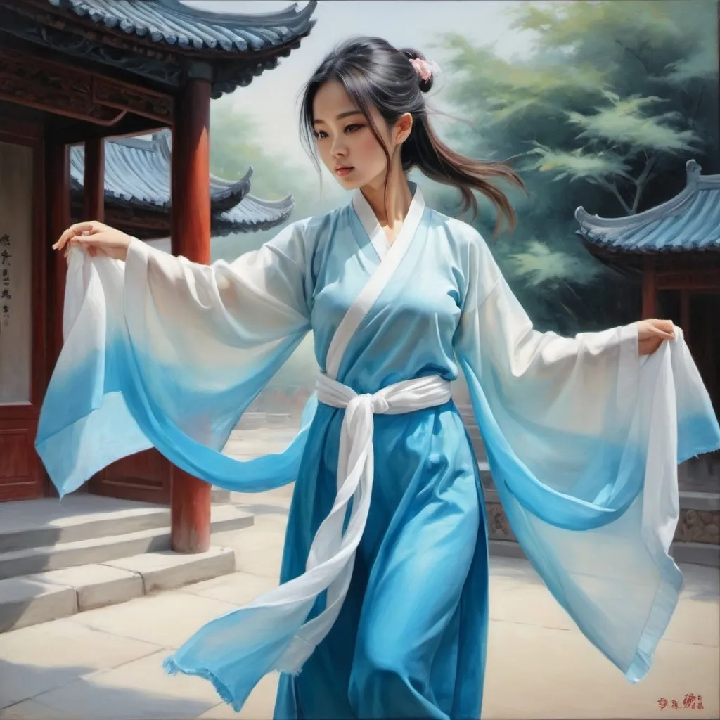 Prompt: {oil painting}{fantasy art}{striking}{cute}{(Zhao Lusi)}{ombre dyed ao dai (white)(pastel blue)}{holding a white scarf} doing tai chi