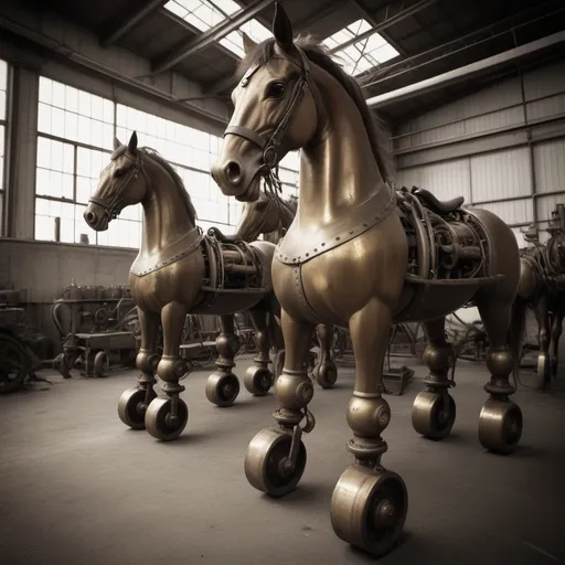 Prompt: {(sepia tone photography)(wide angle)}{(brass (steam powered (mechanical (horse))))(steel hooves)}{industrial warehouse}