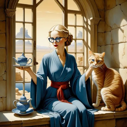 Prompt: {surreal art by (MICHAEL PARKES) }  
{(one (woman)) {(bluish gray eyes) (round face) (red lipstick) (cat's eye (glasses))} (blondish-brown (fishtail braid)}
{(witch robes)}
{drinking tea}
{(high desert)(stone wall)(haint blue door)(large glass windows)}
