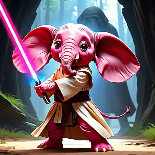 Prompt: {Star Wars comic artwork}
{(anthropomorphic elephant)(small head)(female)(pink skin)}
{(jedi robes)(pink lightsaber)}
{doing tai chi}