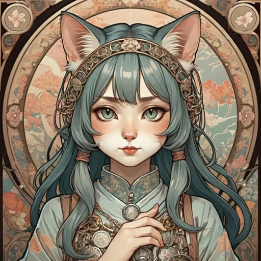 Prompt: {(cute)(japanese (cat-girl)}{chainmail} in the style of Alphonse Mucha