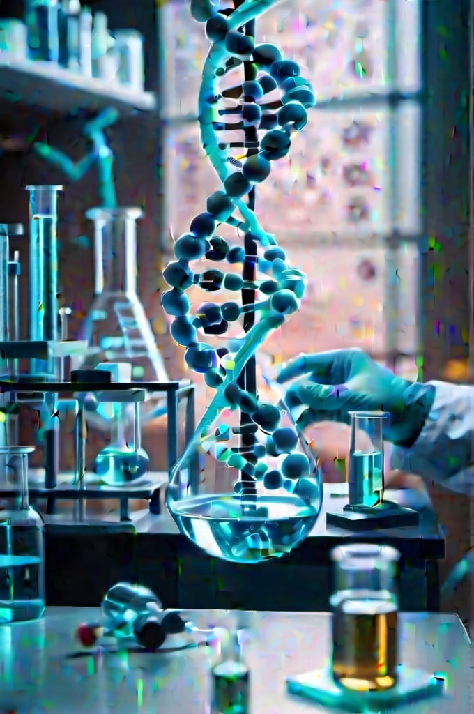 Prompt: The image presents a captivating scene of a laboratory where candidates are doing work. 
as near as possible, dont show whole laboratory. where scientific exploration and discovery are in full swing. The backdrop features a minimalist design with DNA molecules and muted colors, creating a modern and sophisticated instruments.
