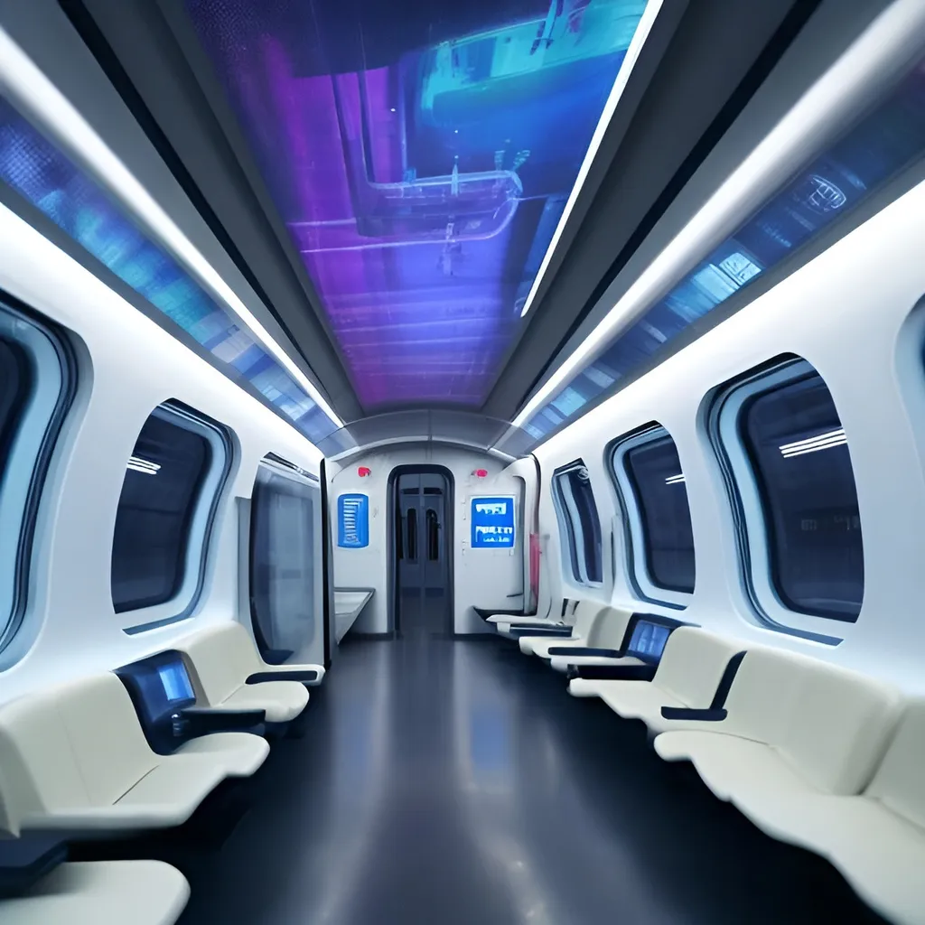 Prompt: Futuristic, modern train interior with hologram screens, white walls, realistic, high-tech, futuristic, sleek design, futuristic holograms, modern train, detailed, immersive, professional, atmospheric lighting, highres, ultra-detailed, from one side only