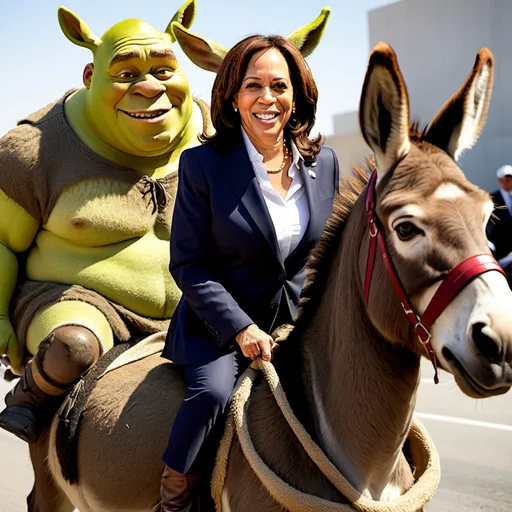 Prompt: kamala harris on a shrek's donkey