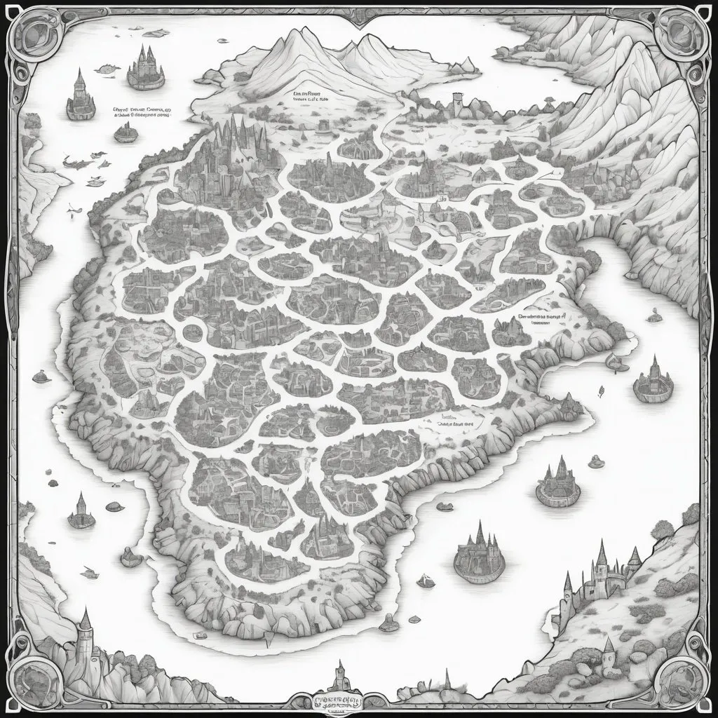 Prompt: B&W coloring book page, top down fantasy map of a large area