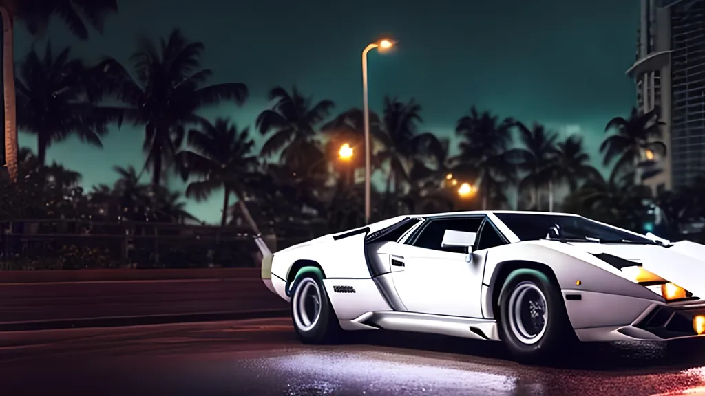 Prompt: white lamborghini countach parked at miami beach in the rain, at night with neon light signs illuminating the scene, sharp focus, highly detailed, cinematic, moody, hdr, 4 k, incredible detail
