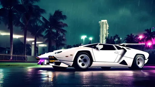 Prompt: white lamborghini countach parked at miami beach in the rain, at night with neon light signs illuminating the scene, sharp focus, highly detailed, cinematic, moody, hdr, 4 k, incredible detail
