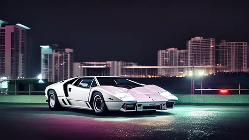 Prompt: white lamborghini countach parked at miami beach in the rain, at night with neon light signs illuminating the scene, sharp focus, highly detailed, cinematic, moody, hdr, 4 k, incredible detail
