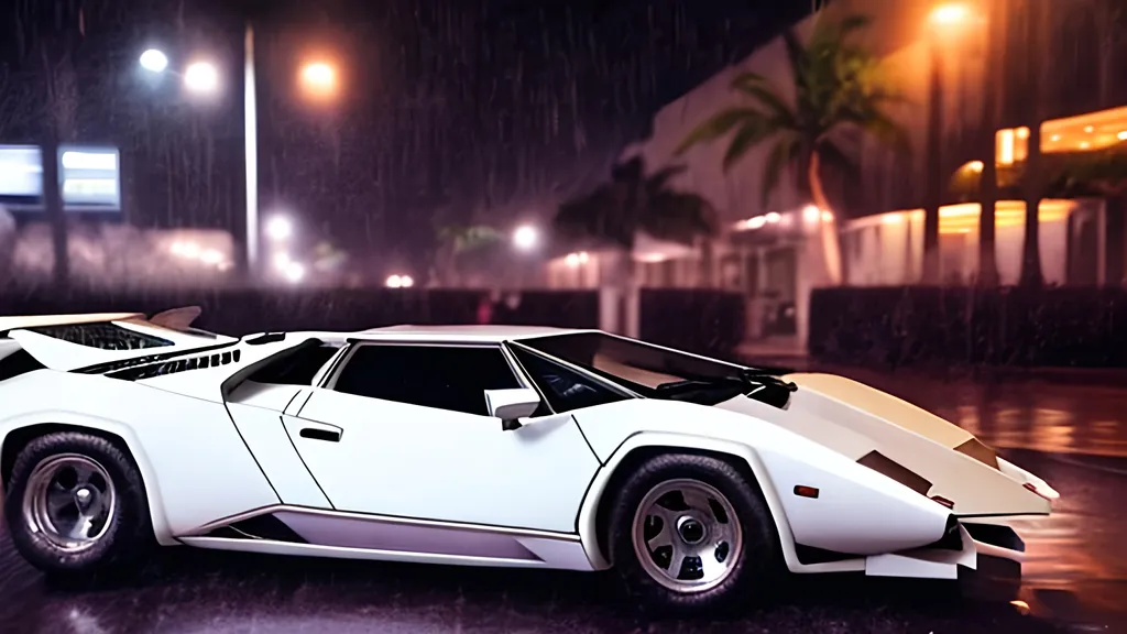 Prompt: white lamborghini countach parked at miami beach in the rain, at night with neon light signs illuminating the scene, sharp focus, highly detailed, cinematic, moody, hdr, 4 k, incredible detail
