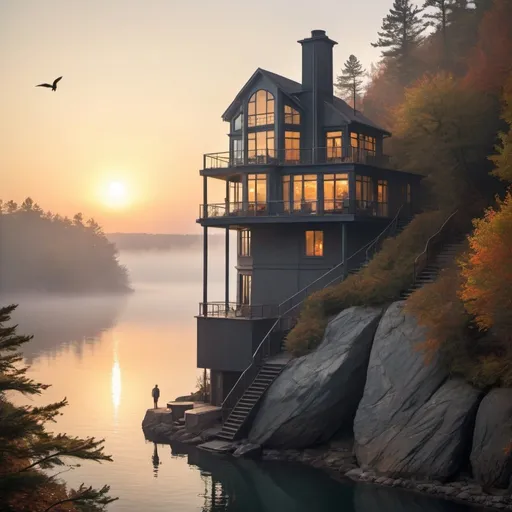Prompt: a small home is perched on the side of a rock cliff overhanging a lake, Wooded stairs wind down the edge of the cliff to enter. The sun is rising and the sun is cutting through the fog. Birds are circling the house and there is a lone figure sitting on it's porch drinking coffee, and gazing out into the water from a deck attached to the house. The house has a art deco character and is very vertical with at least 4 floors. There is smoke coming out of a twisted metal chimney.