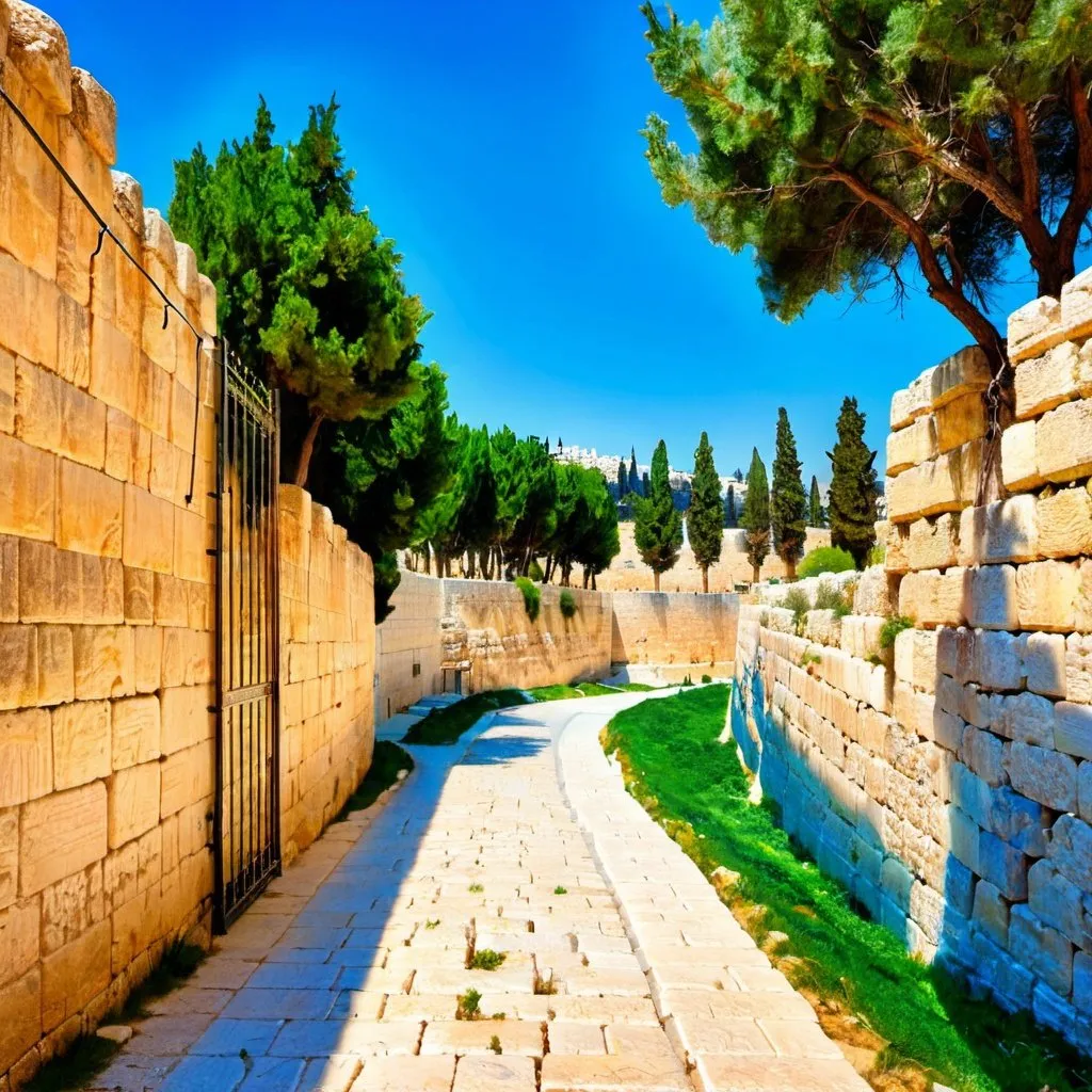 Prompt: Jerusalem walls with a path leading up to them, alongside the path are trees and mountains 