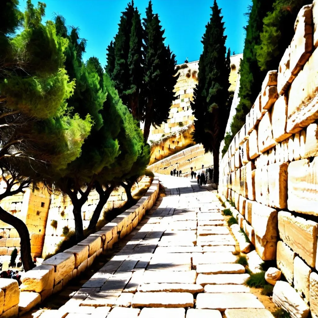 Prompt: The western wall at the top of the mountain in the distance with a path leading up to it, alongside the path are trees