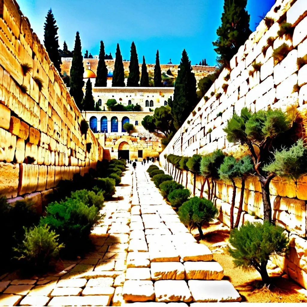 Prompt: The western wall at the top of the mountain in the distance with a path leading up to it, alongside the path are trees