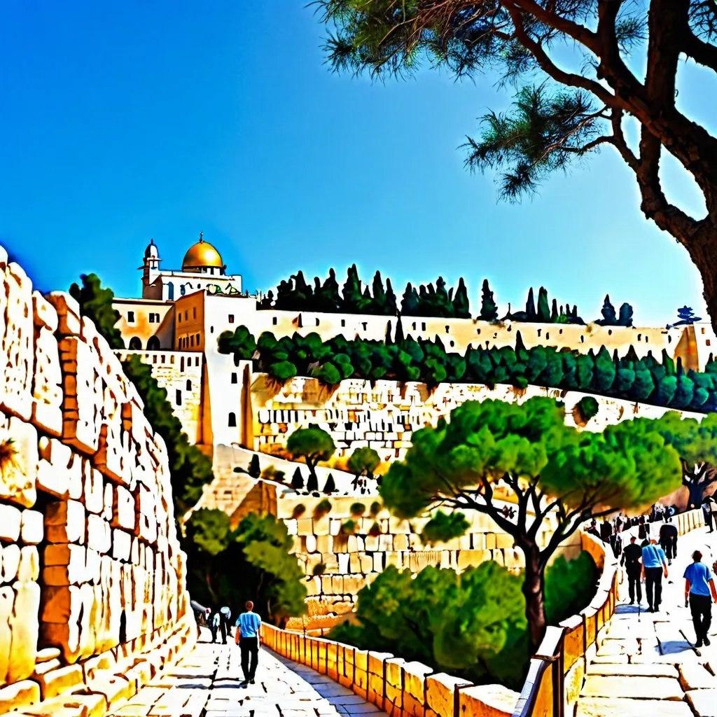 Prompt: The western wall at the top of the mountain with a path leading up to it, alongside the path are trees and at the bottom of the mountain are a father and son looking up