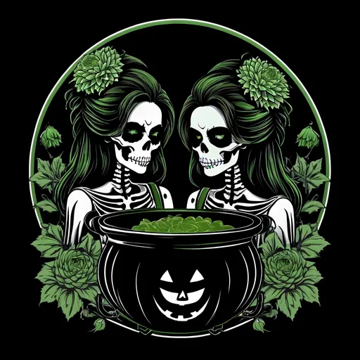 Prompt: two skeleton witches, a cauldron, logo style, limited palette, black white and green, high resolution, 4k, dahlias, beautiful detailed face, gothic