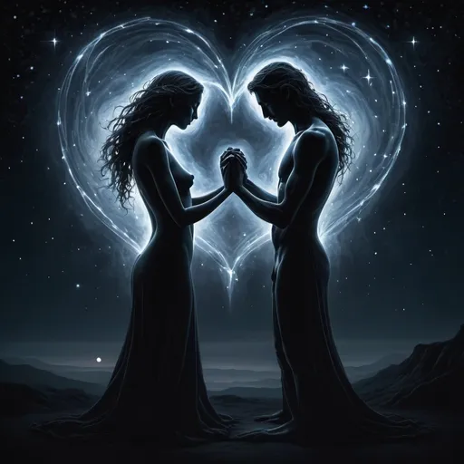 Prompt: Create a dark, mysterious image illustrating the concept that 'Love is composed of a single soul inhabiting two bodies.' Show two ethereal figures, intertwined, with a single glowing soul connecting them. Use a dark, starry night background, with deep shadows and subtle highlights to emphasize the unity of their souls amidst the darkness."