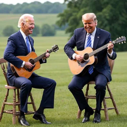 Prompt: image of Joe Biden and Donald Trump Playing the guitar together singing in the country