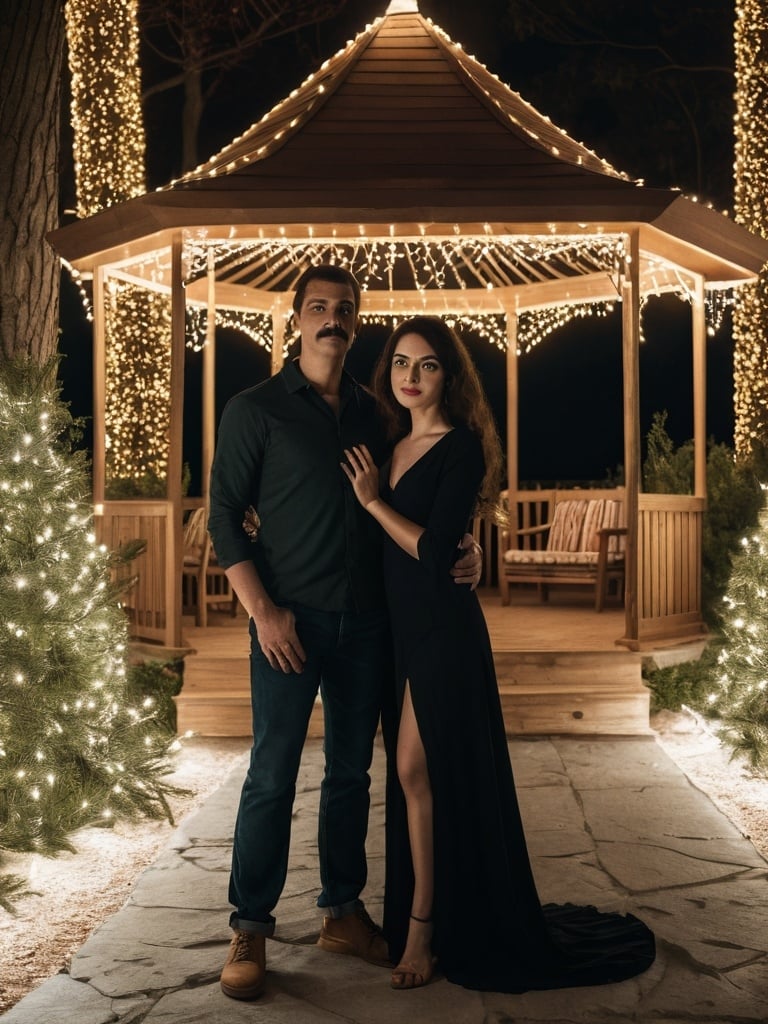 Prompt: a man and woman posing for a picture in front of a gazebo at night time with lights strung from the trees, Cristache Gheorghiu, private press, vfx, egyptian art