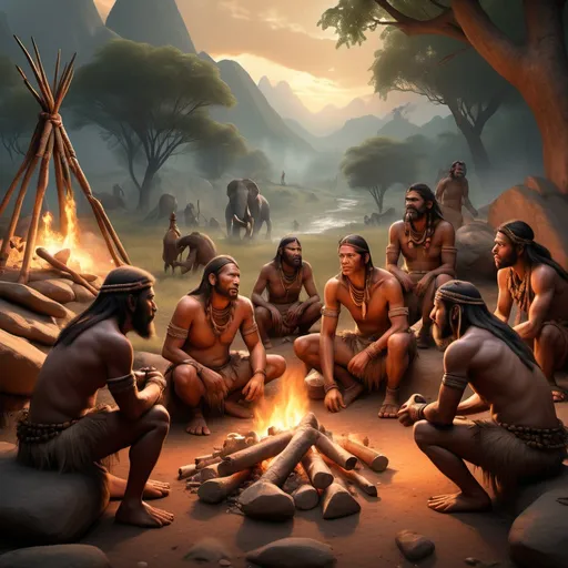 Prompt: (primal scene), (tribal community), ancient humans, utilizing stone tools, gathering around a fire, hunting together, lush wilderness background, warm earthy tones, dynamic interactions, vivacious atmosphere, hints of raw survival, ultra-detailed, high-quality textures, cinematic lighting, vibrant color contrasts, evokes a sense of adventure and camaraderie.