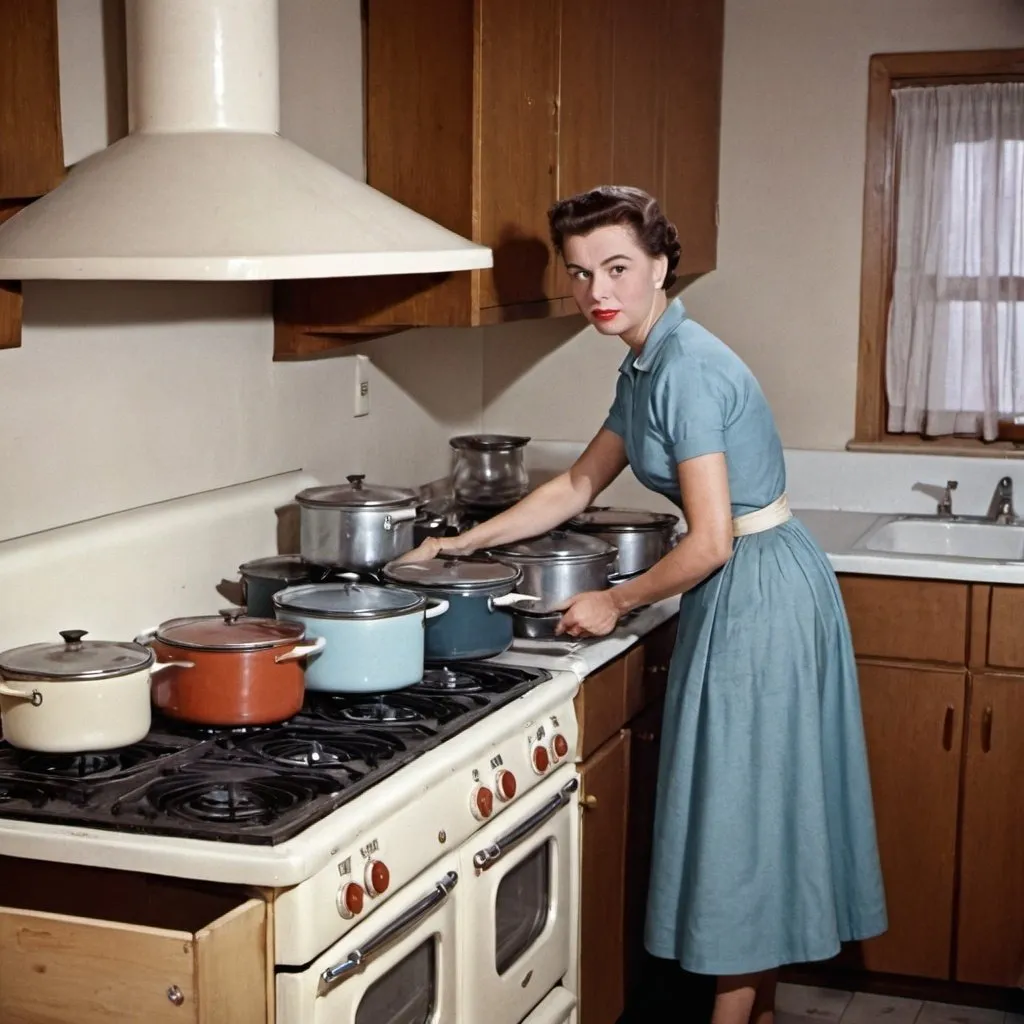 Prompt: 1957 woman in a kitchen, with stove, pots, facing front, in color
