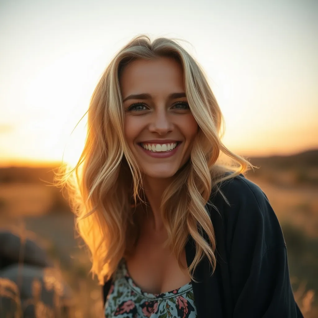 Prompt: cinematic photography, full body shot of sharp focus of medium blonde wavy-haired woman, with a sunset behind her, she is smiling happy enjoying the scenery of summer