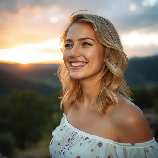 Prompt: cinematic photography, full body shot of sharp focus of medium blonde wavy-haired woman, with a sunset behind her, she is smiling happy enjoying the scenery of summer