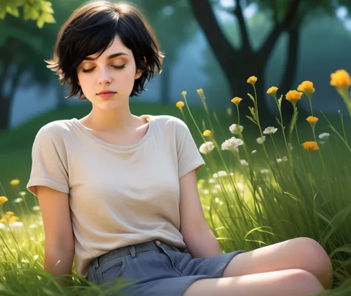 Prompt: (16-year-old Caucasian girl), sitting on lush green grass, (black hair pixie cut), (brown eyes closed), absorbing warm sunshine, serene atmosphere, gentle breeze, nature in bloom, soft golden lighting, vibrant spring colors, peaceful and idyllic scene, cozy ambiance, ultra-detailed HD, summer tranquility, reminiscent of a perfect day in the park.