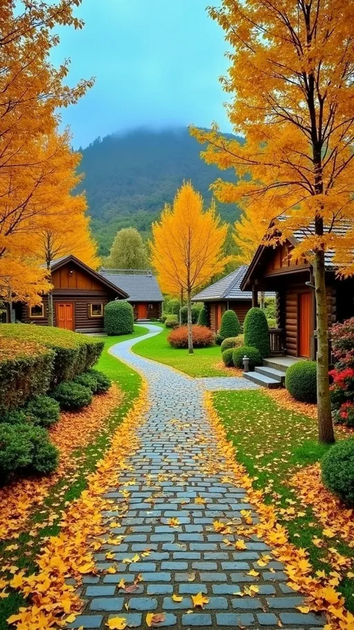 Prompt: A serene pathway winds through a picturesque landscape, bordered by vibrant autumn trees adorned with golden leaves that create a stunning contrast against the muted blue sky. The cobblestone path, strewn with fallen yellow leaves, gracefully leads towards quaint wooden cabins nestled amidst lush greenery, inviting a sense of warmth and coziness. Soft, rolling hills painted in shades of green and gold rise in the background, partially cloaked in mist, enhancing the tranquil atmosphere. The lush foliage and meticulously maintained gardens add to the idyllic charm, making the scene reminiscent of a peaceful retreat in nature, inviting contemplation and relaxation while embodying the spirit of autumn.