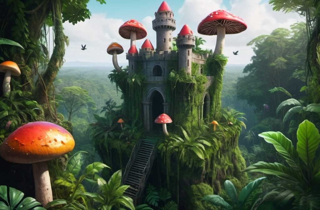 Prompt: Create a photo realistic Hyper detailed image of a lush jungle from a birds eye view. In the jungle is an ancient overgrown castle. Giant colorful mushrooms of different colors and some are neon are grown from the castle
