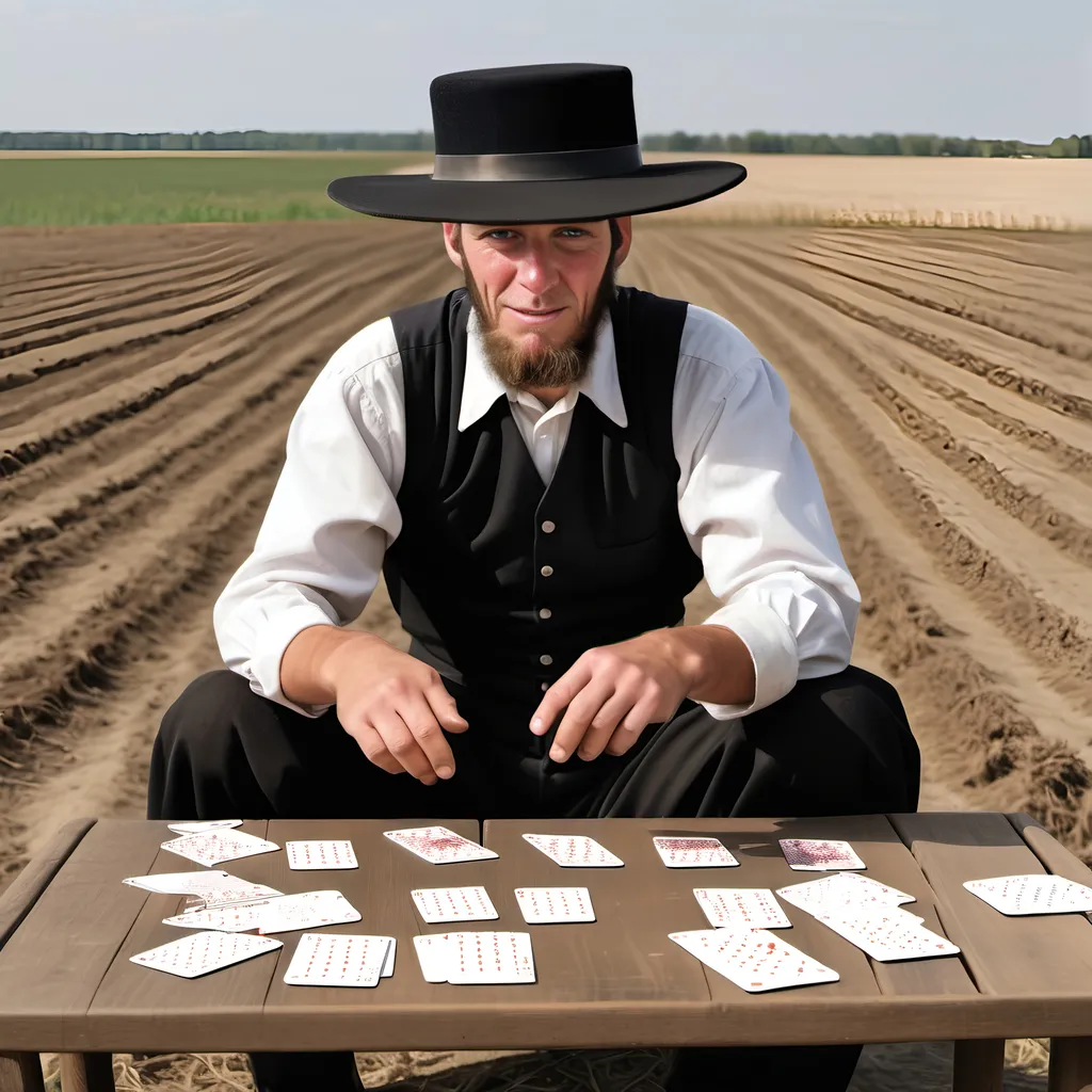 Prompt: An Amish grimy man in full Amish dress. Sitting at a table in the middle of a dry field playing cards . A horse upside down with it's legs in the air behind him in the field. 