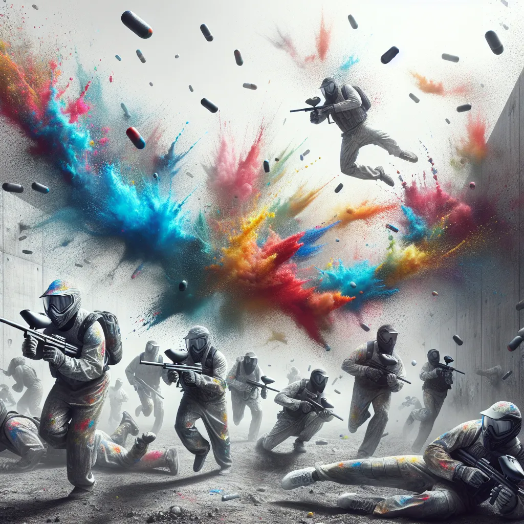 Prompt: a  paintball gun war, the only color in the image is where the paintballs have exploded on people and walls when they are hit