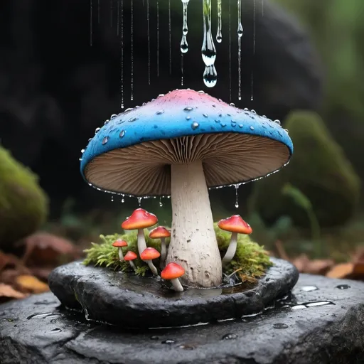 Prompt: a black and white pencil sketch Metro image of a mushroom on top of a small rock painted in the picture colorful water is raining down and spilling over the mushroom