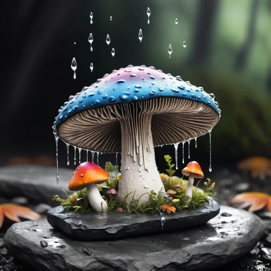 Prompt: a black and white pencil sketch Metro image of a mushroom on top of a small rock painted in the picture colorful water is raining down and spilling over the mushroom