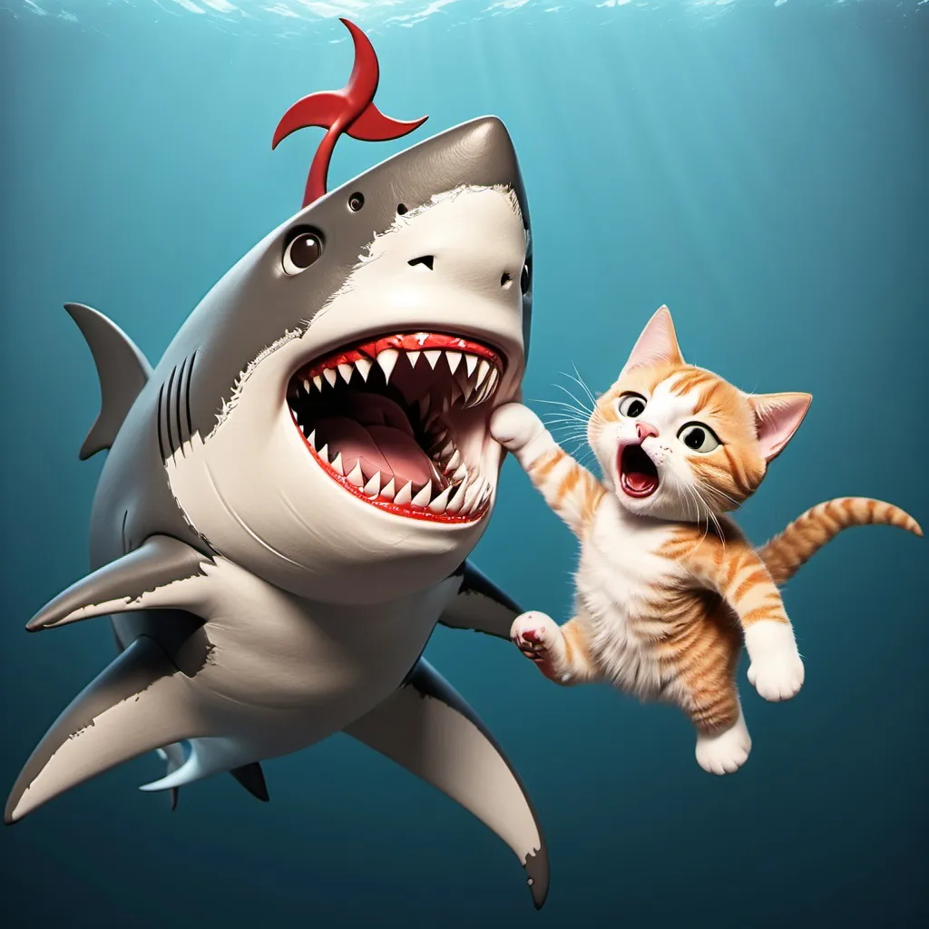 Prompt: make a shark biting a sharks tail and a cat on the shark that is biting the shark tail