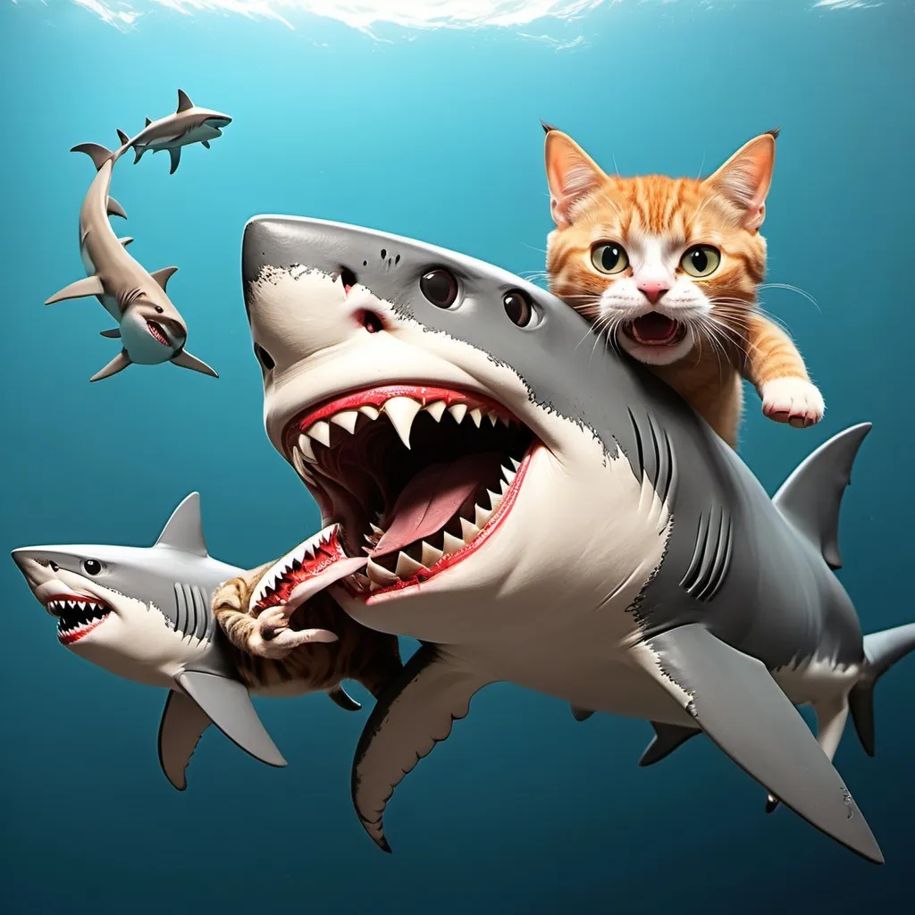 Prompt: make a shark biting a sharks tail and a cat on the shark that is biting the shark tail