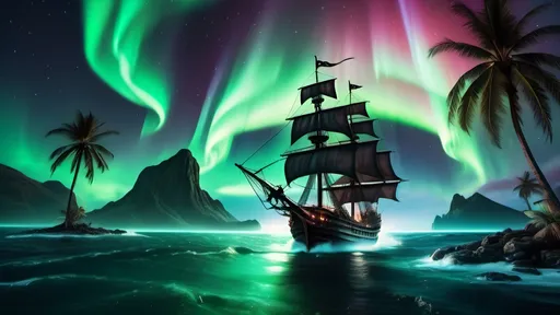 Prompt: Two pirate ships attacking each other on the Caribbean seas. The northern lights are high in the sky shining bright. Palm trees are on the land around them like islands