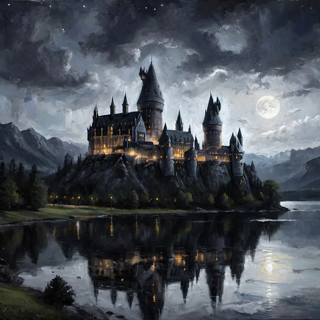 Prompt: a black and grey hogwarts castle next to a lake at nighttime