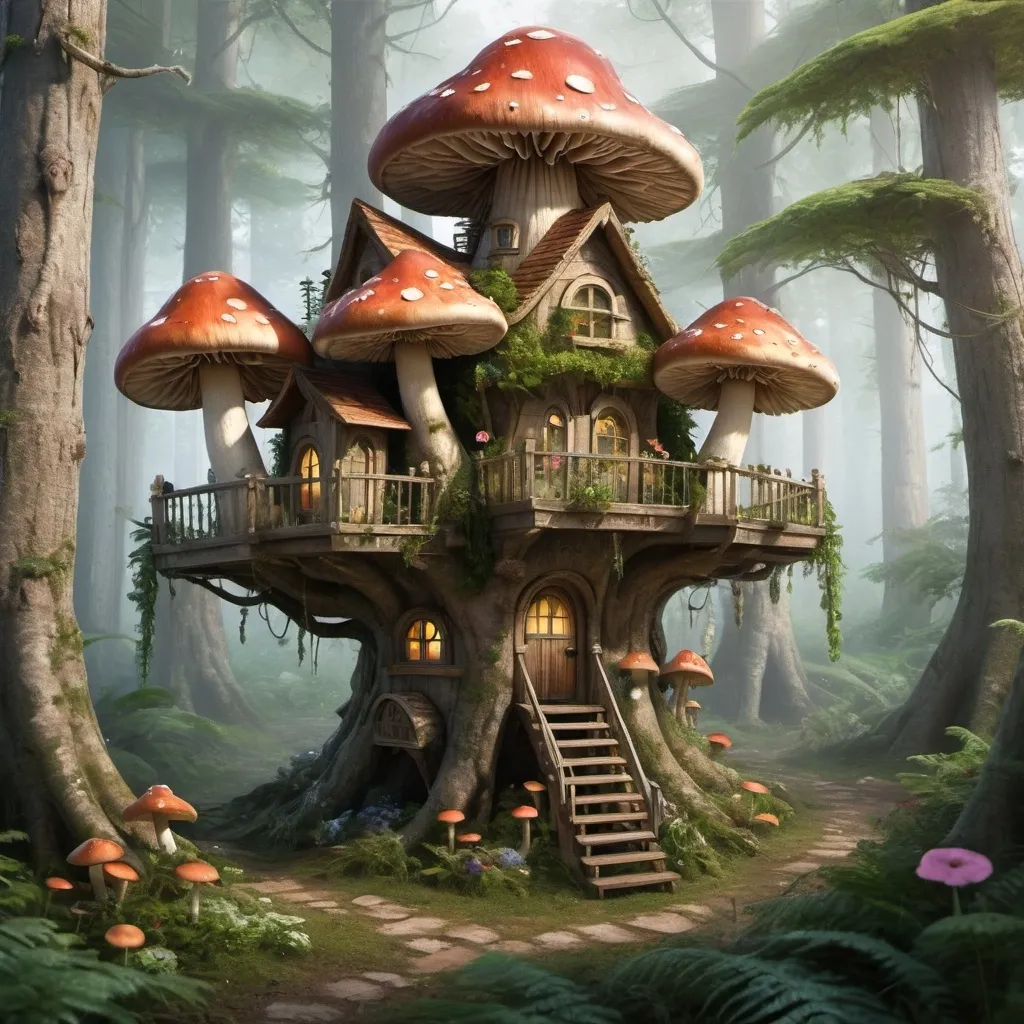 Prompt: a realistic photo quality image of a mushroom tree house in a cypress tree forest. flowers and ferns should be every where.with elves