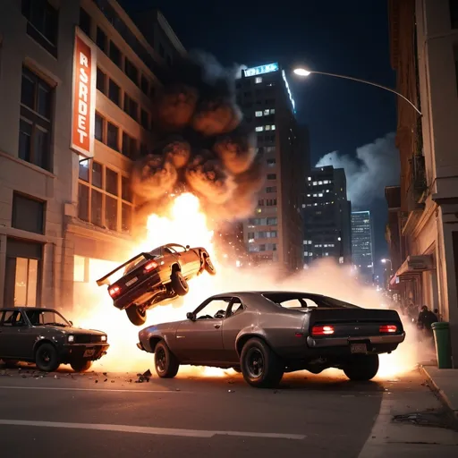 Prompt: a night racing scene of fast street cars in a city, one car crashing off to the side through a building. explosions are happening.