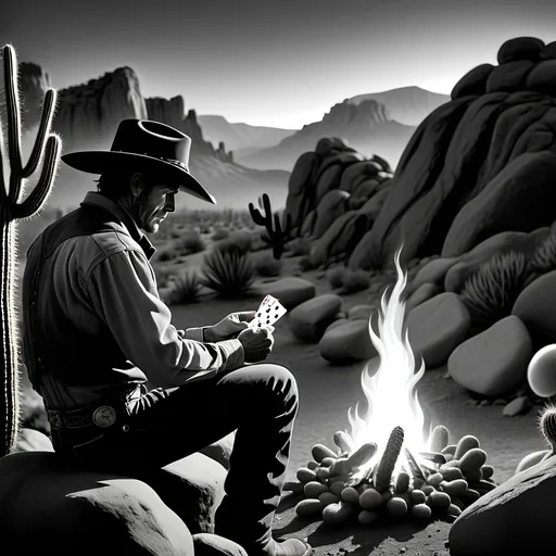 Prompt: black and white, (cowboy) sitting around a campfire, playing cards one at a time, (watching the fire burn), glowing embers, (cactus) in the background, rugged large rocks, serene atmosphere, intense focus, shadows dancing, (classic western vibe), detailed textures, high contrast, ultra-detailed, cinematic scene.